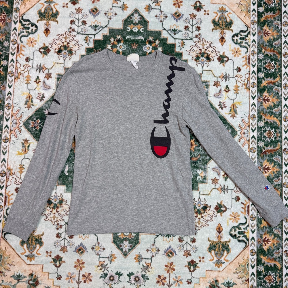Champion Long Sleeve T Shirt‎ Men's Small Gray Script Logo Crew Neck Tee